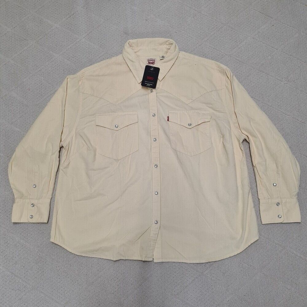 Levis Corduroy Western Shirt Womens 2XL Cream Ivory Oversized Fit Pearl Snaps